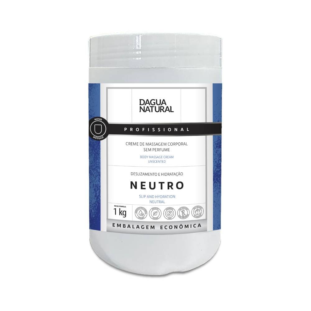 Frasco branco com tampa branca contendo Creme de Massagem Corporal D'água Natural Neutro 1kg