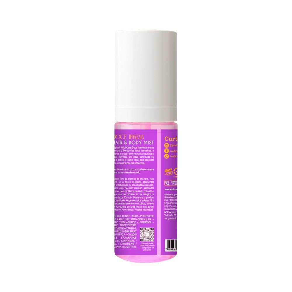 Verso do frasco roxo do Body Splash Widi Care Doce Ipanema 100ml com informações do produto