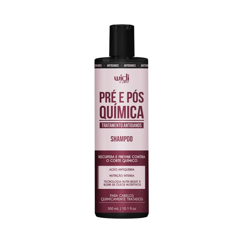 Frasco do Shampoo Widi Care Pré e Pós Química 300ml com design rosa claro e detalhes em vinho escuro