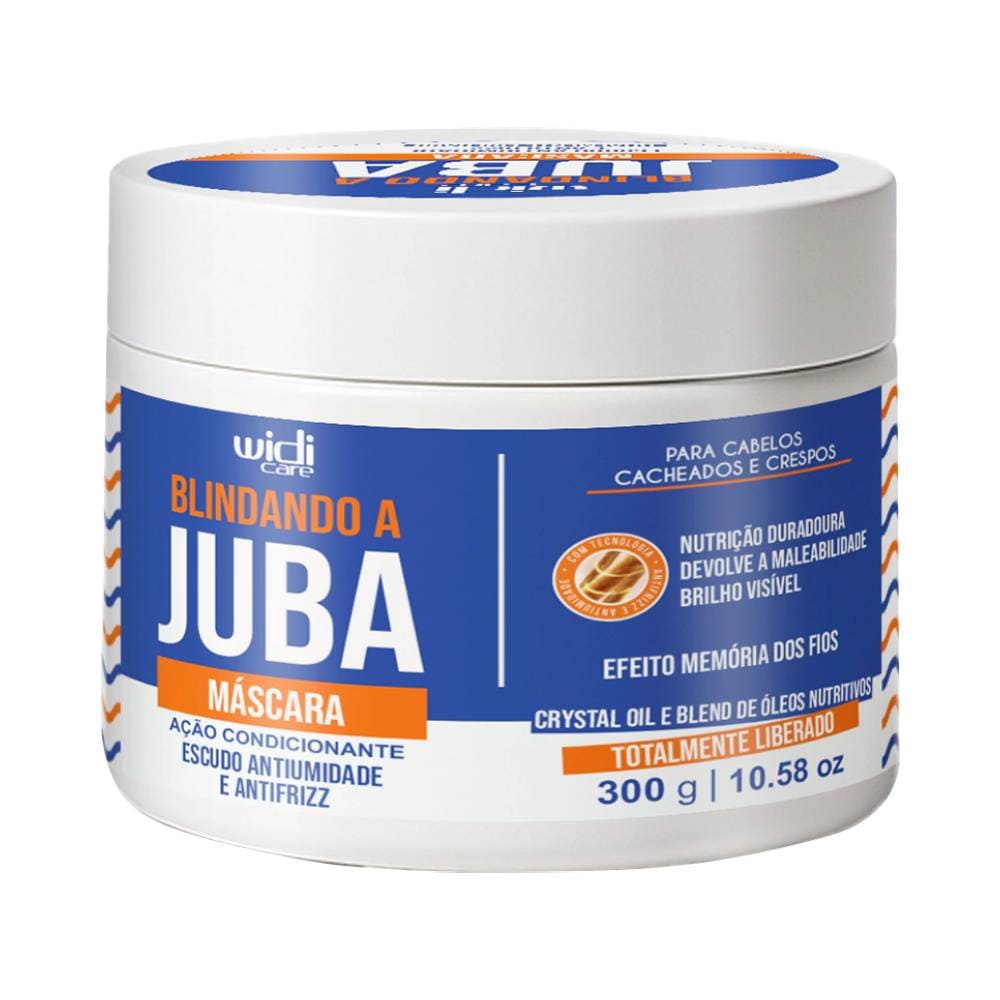 Máscara Capilar Widi Care Blindando A Juba 300g, pote branco com rótulo azul e detalhes em branco e laranja