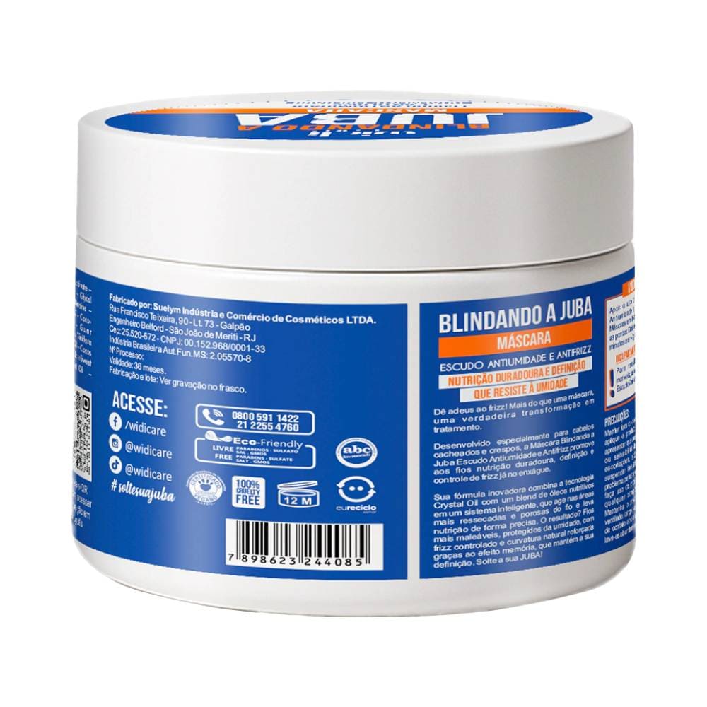 Verso da Máscara Capilar Widi Care Blindando A Juba 300g com informações do fabricante e composição