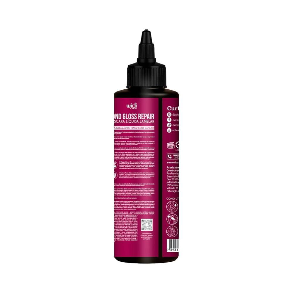 Embalagem lateral da Máscara Líquida Widi Care Bond Gloss Repair 200ml mostrando instruções e ingredientes