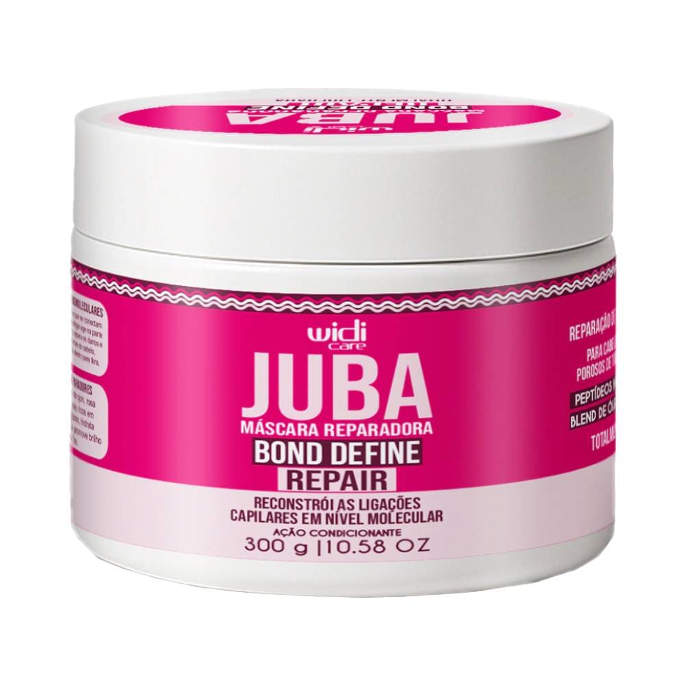 Embalagem da Máscara Widi Care Juba Bond Define Repair 300g vista frontal, pote branco com rótulo rosa