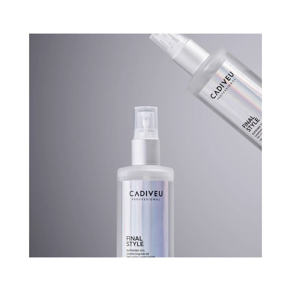 Dois frascos do Óleo Capilar Cadiveu Supreme Oil Final Style 30ml em fundo claro