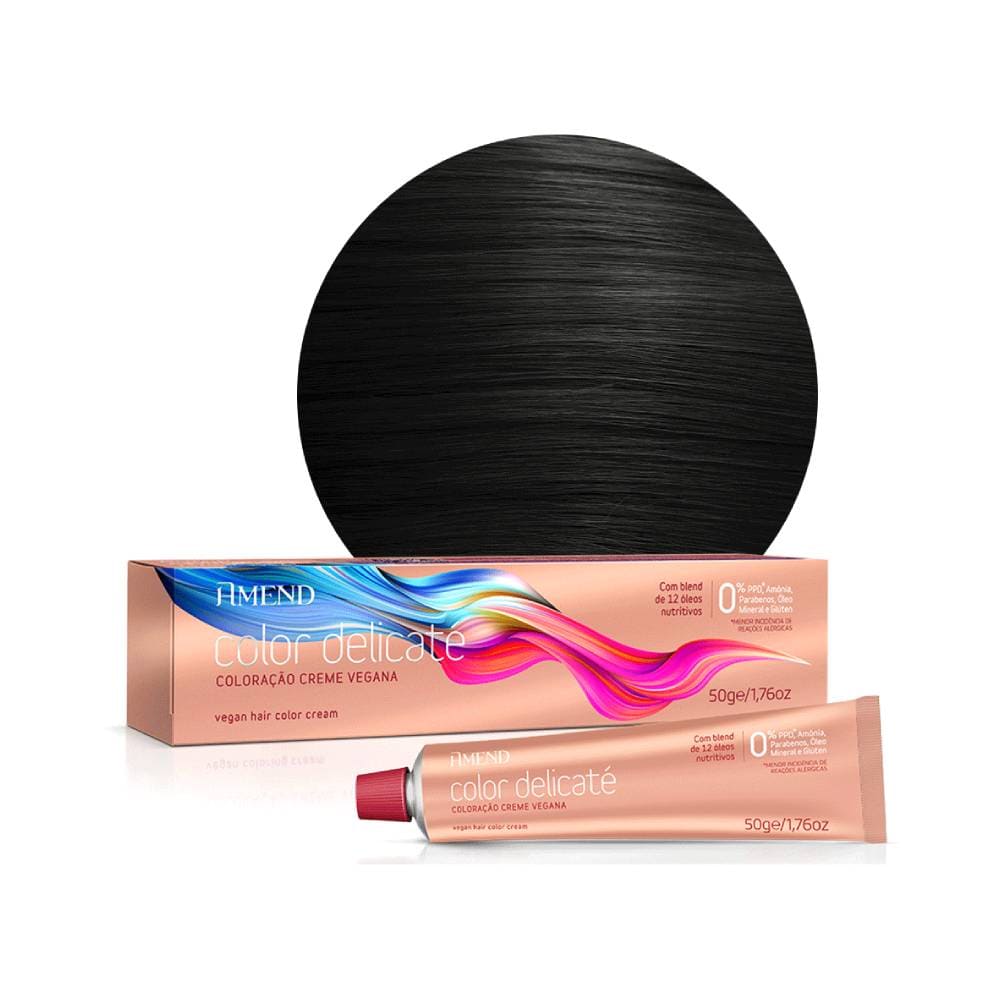 Imagem da coloração Amend Color Delicaté 4.0 Castanho Médio com embalagem rosa claro e tubo de coloração creme vegana