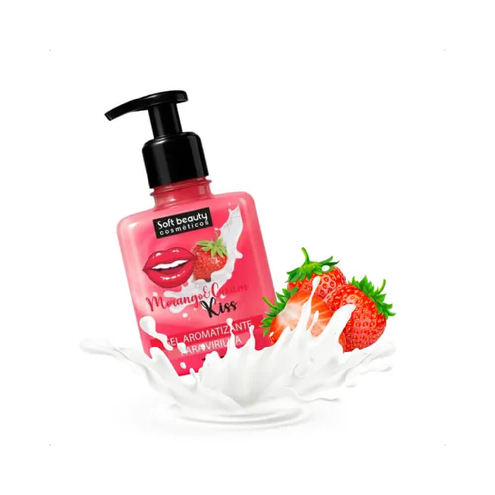 Gel creme Soft Beauty Morango & Cream 250g com morangos frescos e creme ao lado