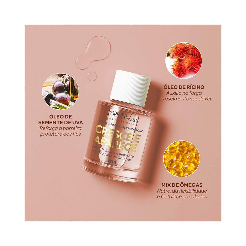 Frasco de óleo capilar Forever Liss Cresce e Aparece em cor rosa, com tampa branca, mostrando os ingredientes e benefícios do produto, contra um fundo rosa claro.