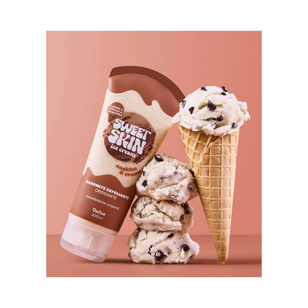 Sabonete Esfoliante Dailus Sweet Skin Ice Cream Cookies & Cream 200ml com sorvete e cookies