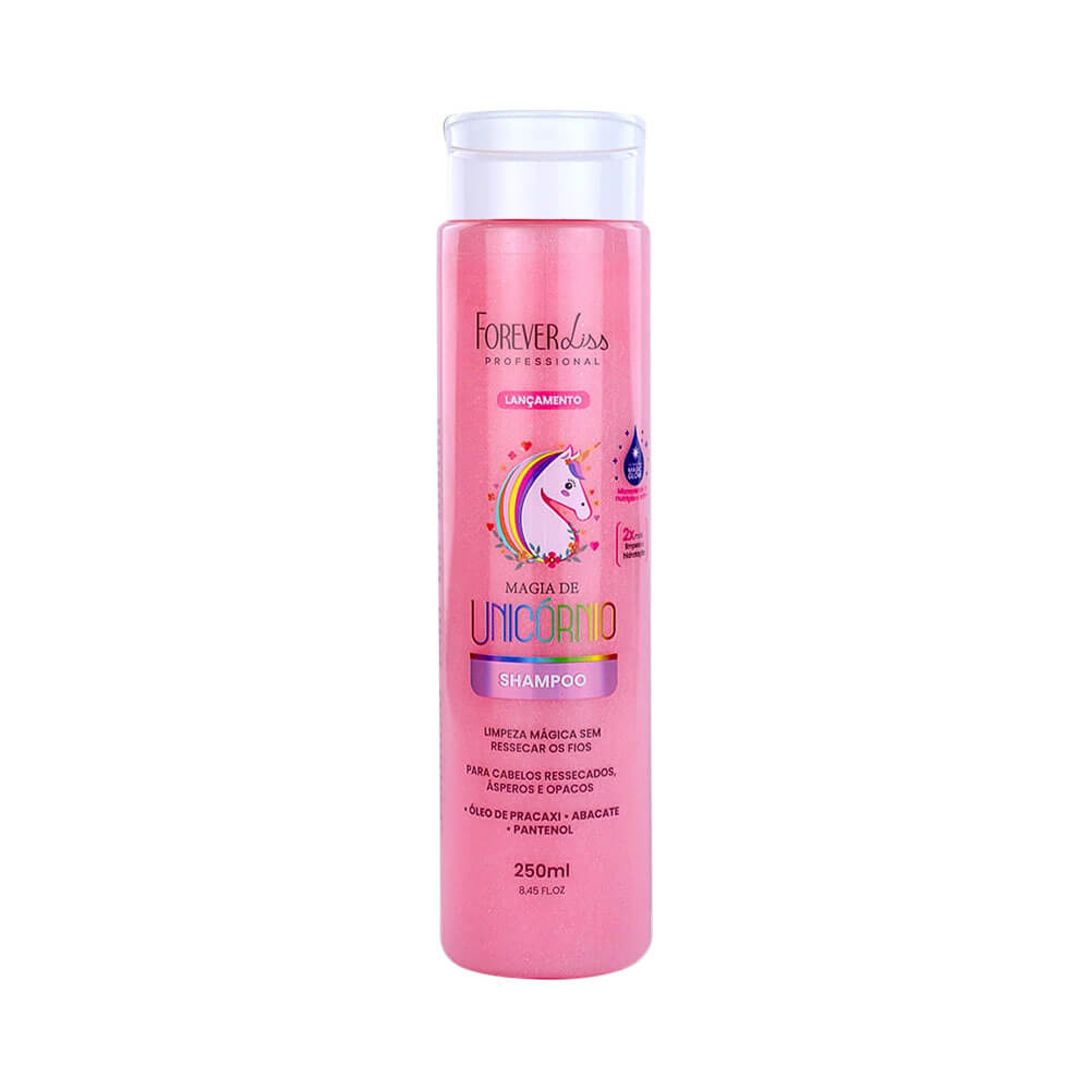 Frasco rosa do Shampoo Forever Liss Magia de Unicórnio 250ml com ilustração de unicórnio