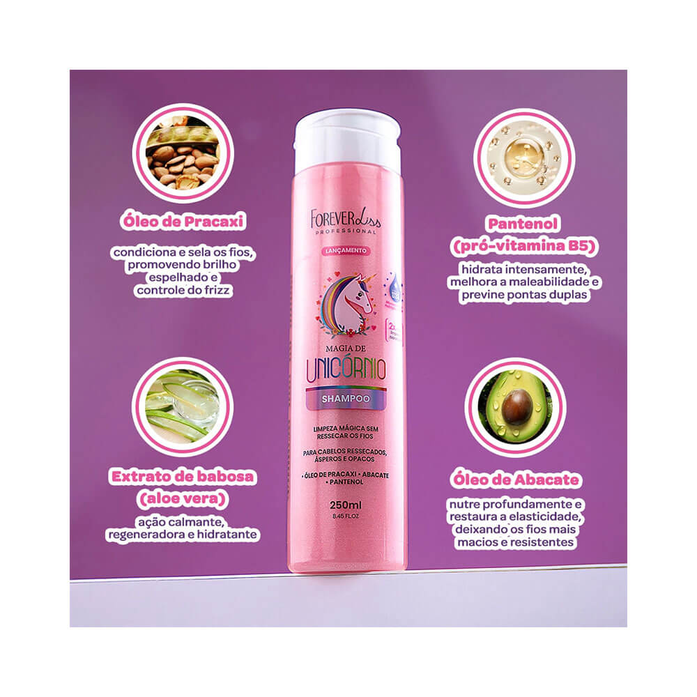 Frasco do Shampoo Forever Liss Magia de Unicórnio com fundo roxo