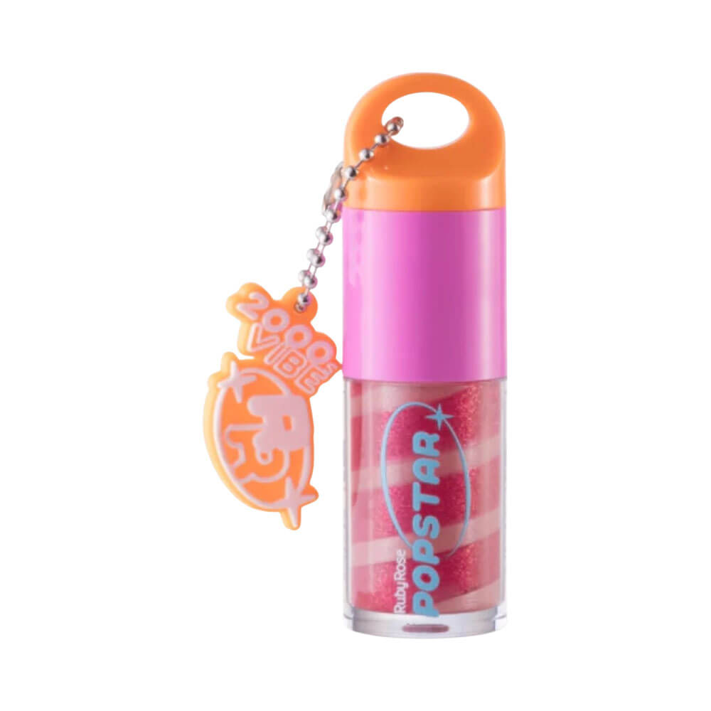Gloss Ruby Rose Party Me Oops embalagem transparente com chaveiro unicórnio laranja