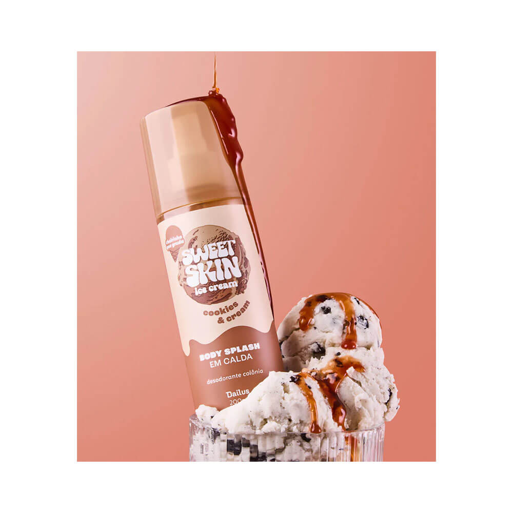 Body Splash Dailus Sweet Skin Ice Cream Cookies & Cream 200ml com fundo rosa claro e inspiração em sorvete