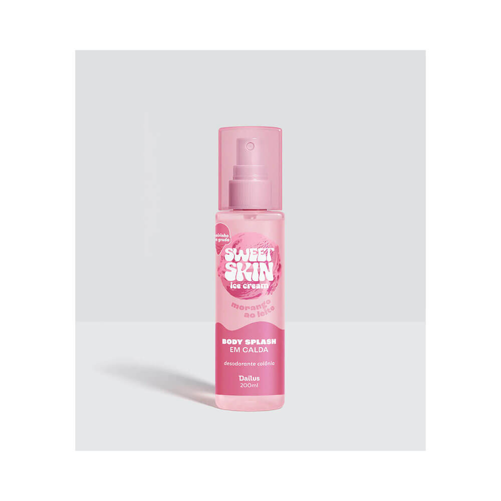 Frasco de Body Splash Dailus Sweet Skin Ice Cream Morango ao Leite 200ml em fundo cinza claro