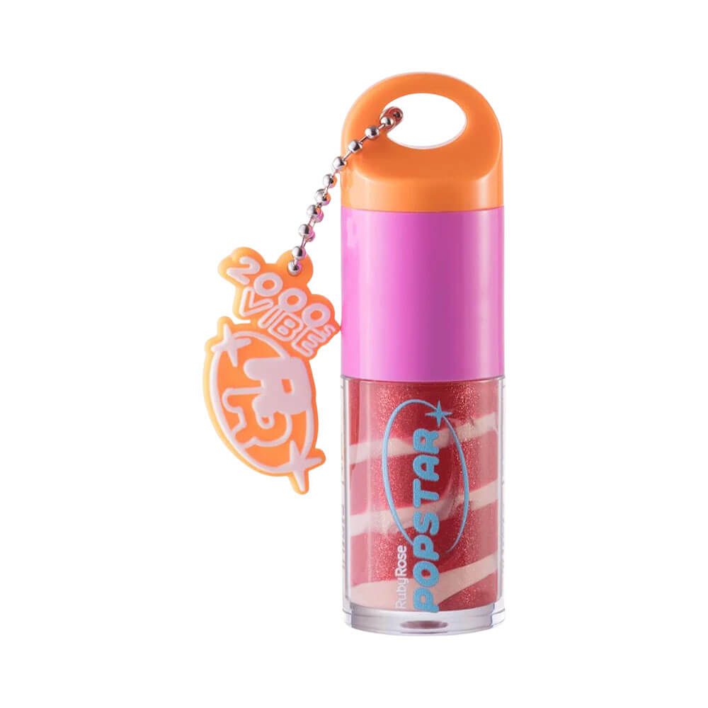Gloss Ruby Rose 4,9g Party Me Look At Me com brilho vermelho vibrante e embalagem com chaveiro