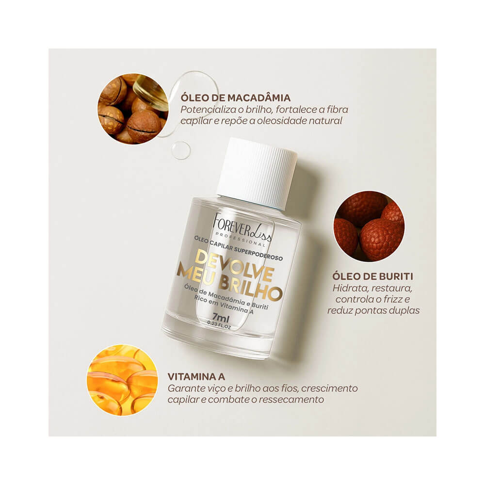 Frasco do óleo capilar Forever Liss Superpoderoso Devolve Meu Brilho 7ml em superfície branca