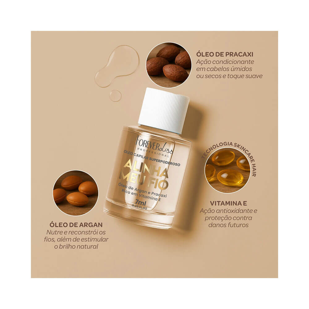 Frasco de óleo capilar Forever Liss com informações sobre ingredientes e benefícios