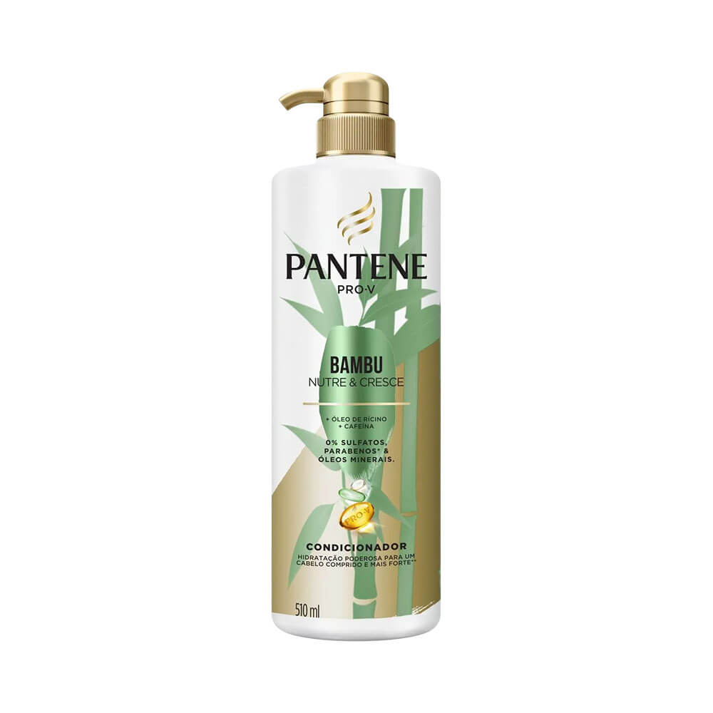 Frasco do Condicionador Pantene Bambu Nutre e Cresce 510ml com etiqueta verde e branca em fundo branco