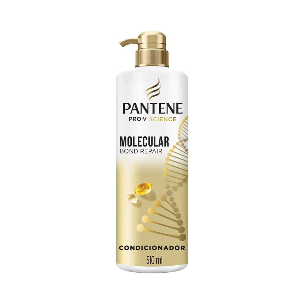 Frasco de condicionador Pantene Molecular Bond Repair 510ml, em fundo branco com detalhes dourados.