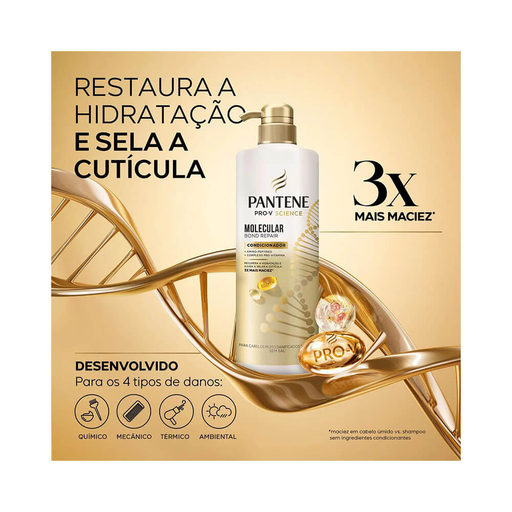Anúncio do condicionador Pantene Molecular Bond Repair com destaque para a fórmula e frasco do produto em fundo dourado.