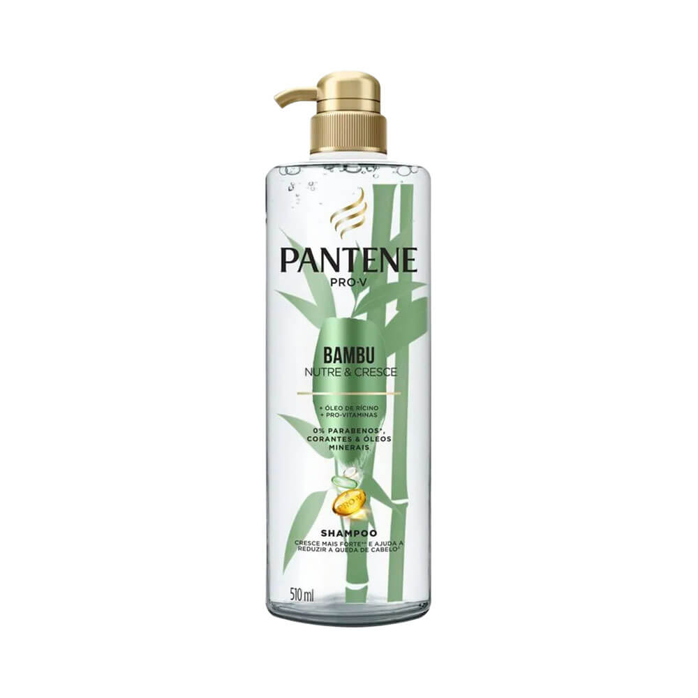 Frasco de Shampoo Pantene Bambu Nutre e Cresce 510ml com design transparente e detalhes verdes