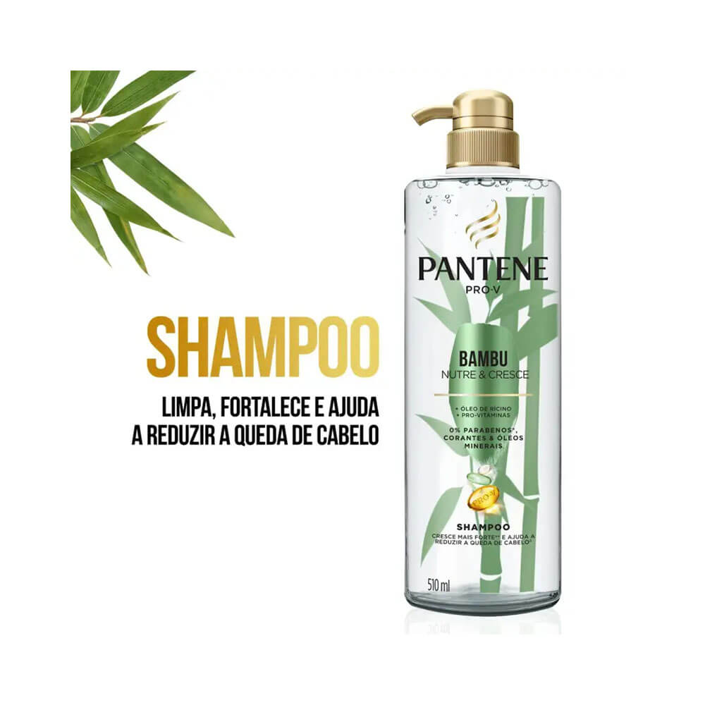 Frasco de Shampoo Pantene Bambu Nutre e Cresce 510ml com elementos decorativos verdes e texto em amarelo