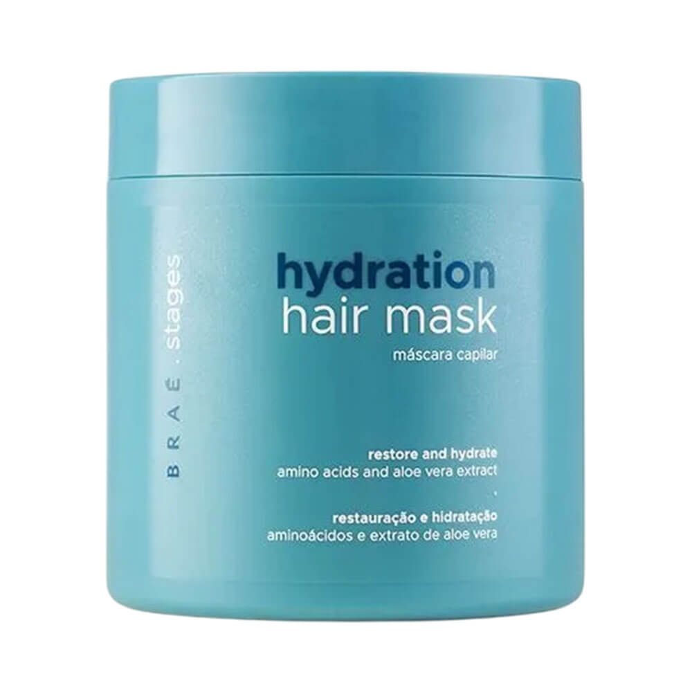 Máscara Capilar Braé Stages Hydration 500g em embalagem azul com destaque para aminoácidos e aloe vera