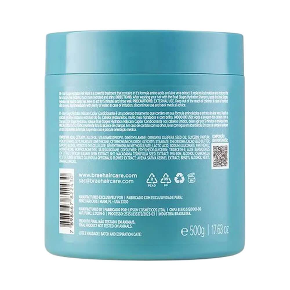 Máscara Capilar Braé Stages Hydration 500g com ingredientes naturais destacados na embalagem azul