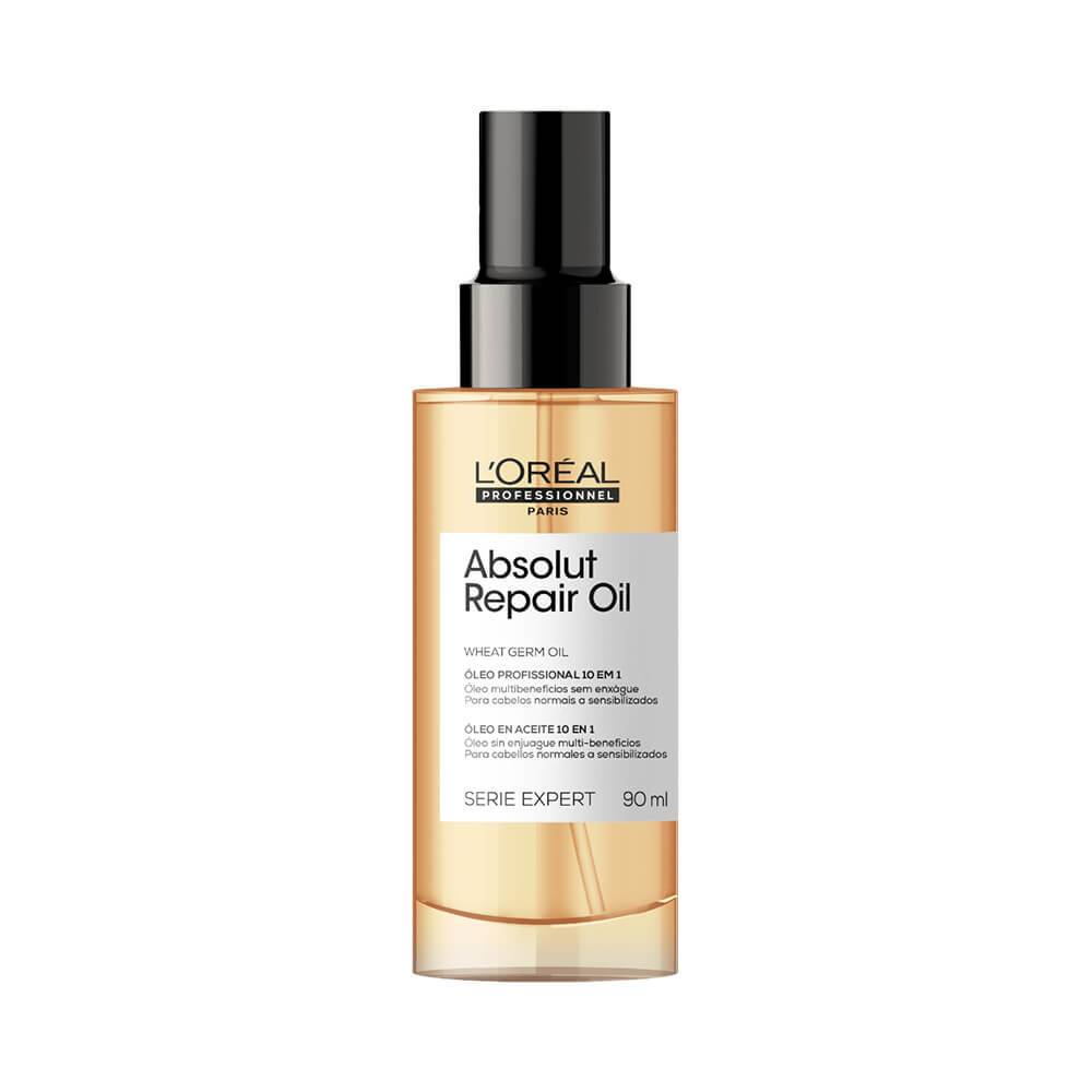 Frasco do óleo capilar L'Oréal Professionnel Série Expert Absolut Repair Quinoa 90ml com tampa preta em fundo branco