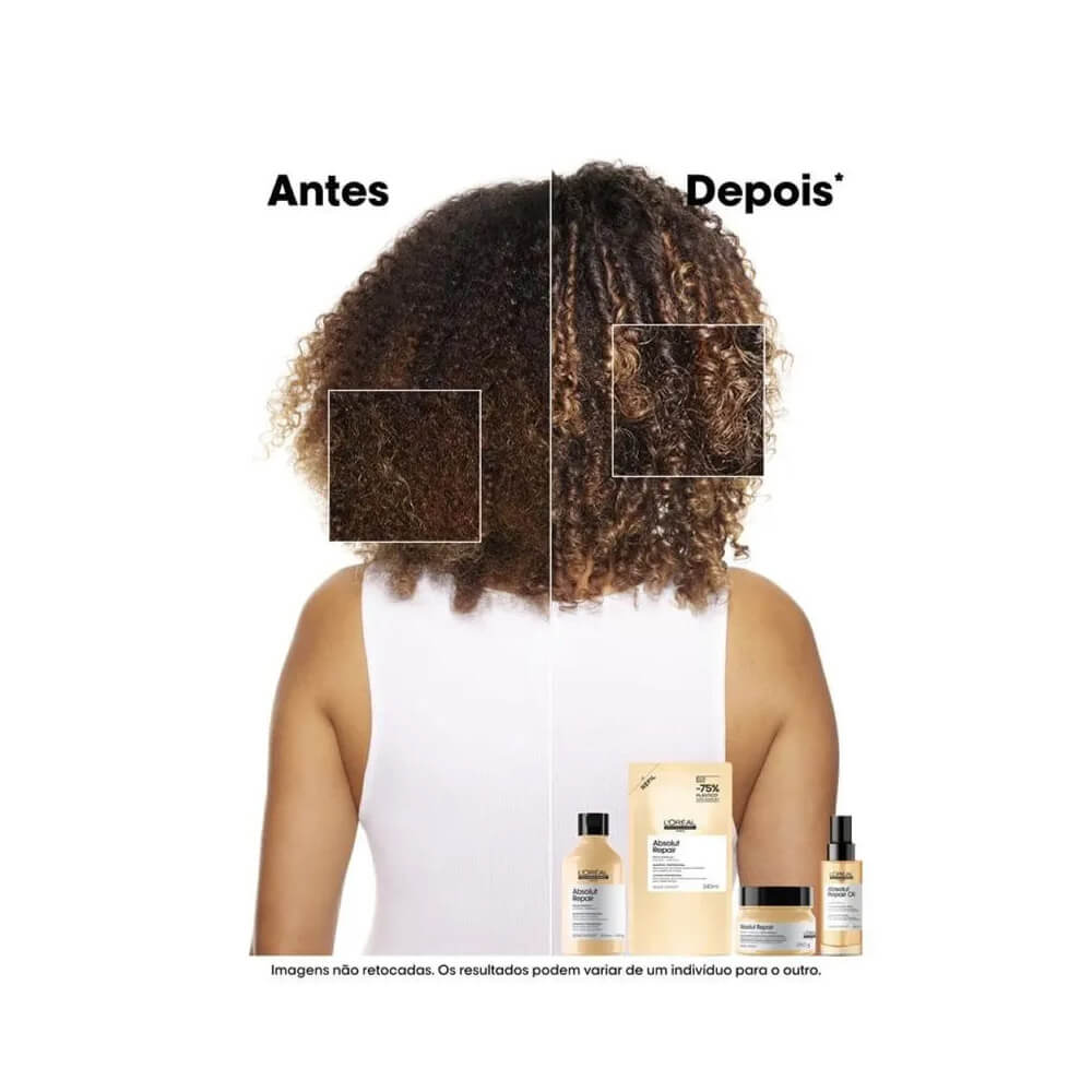 Mulher mostrando cabelos crespos antes e depois do uso do óleo capilar L'Oréal Professionnel