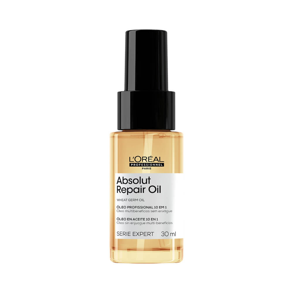 Frasco de óleo capilar Absolut Repair Oil da L'Oréal Professionnel Série Expert em fundo branco