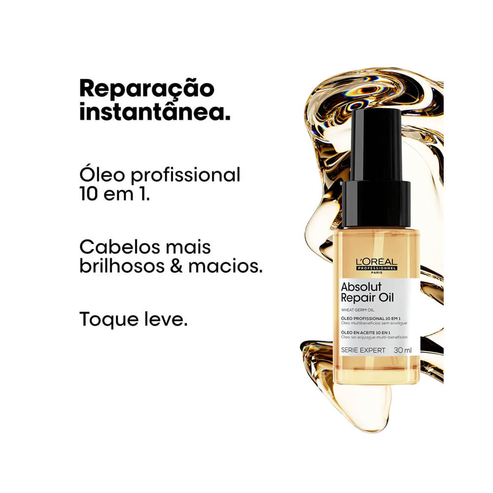 Frasco de óleo capilar Absolut Repair Oil da L'Oréal Professionnel Série Expert em fundo branco com textura dourada