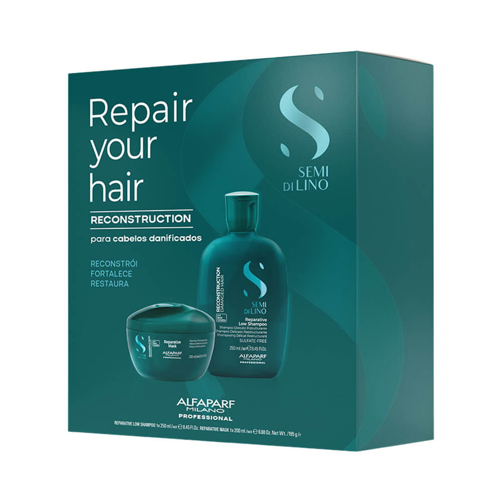 Embalagem do Kit Alfaparf Semi Di Lino Reconstruction destacando a marca e benefícios