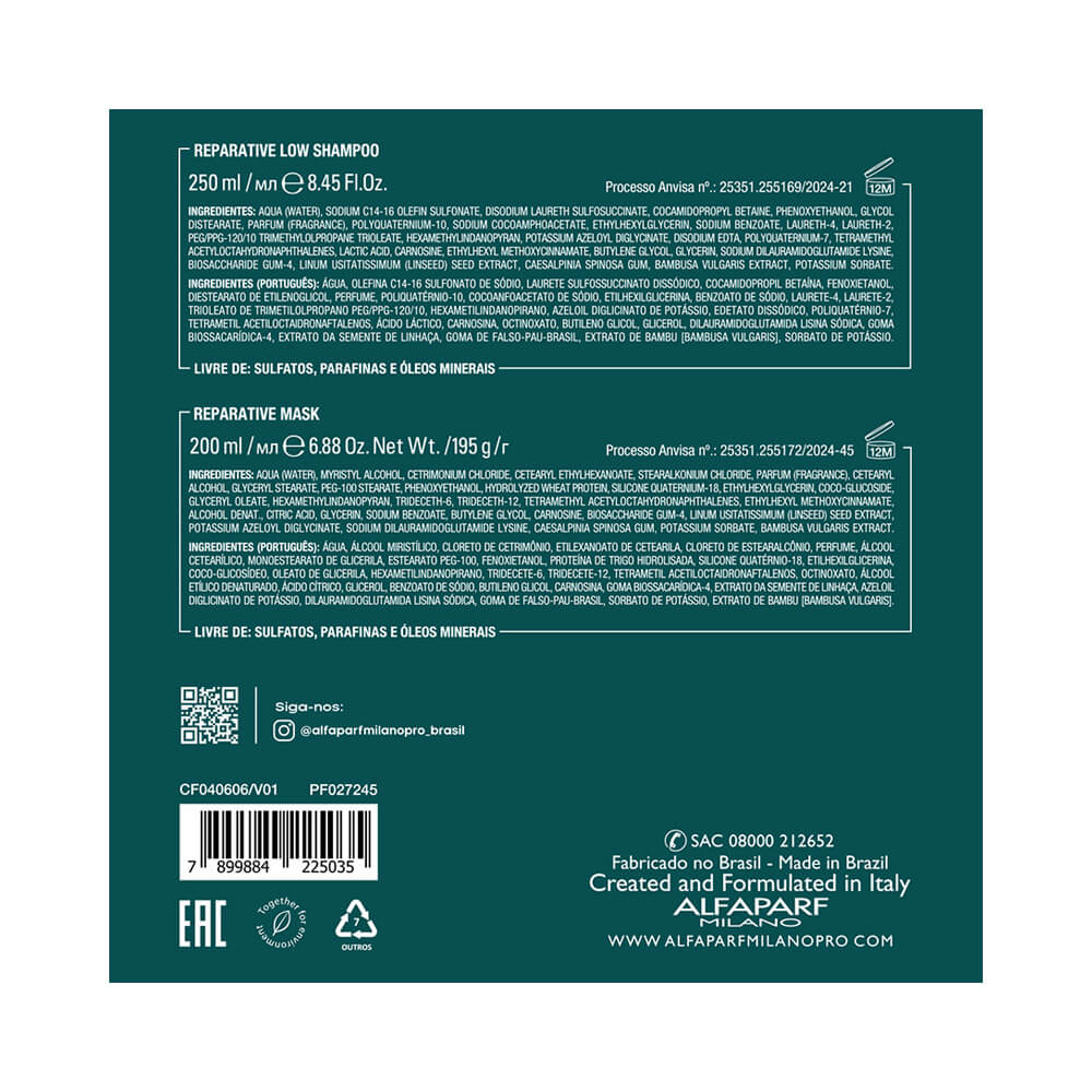 Detalhes técnicos e ingredientes do Kit Alfaparf Semi Di Lino Reconstruction