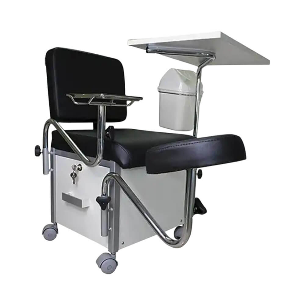 Cadeira Ciranda Kixiki Vicenza vista lateral com bandeja articulada e rodízios