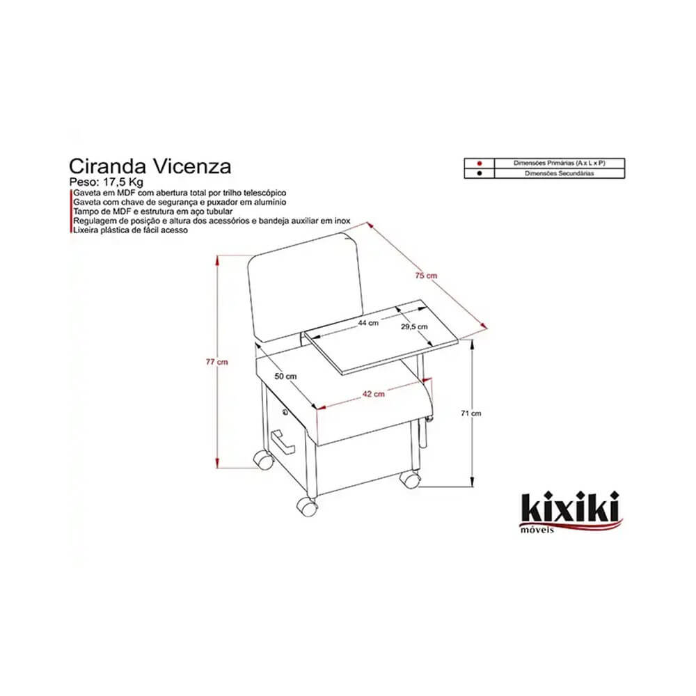 Imagem técnica da Ciranda Kixiki Vicenza com dimensões e detalhes
