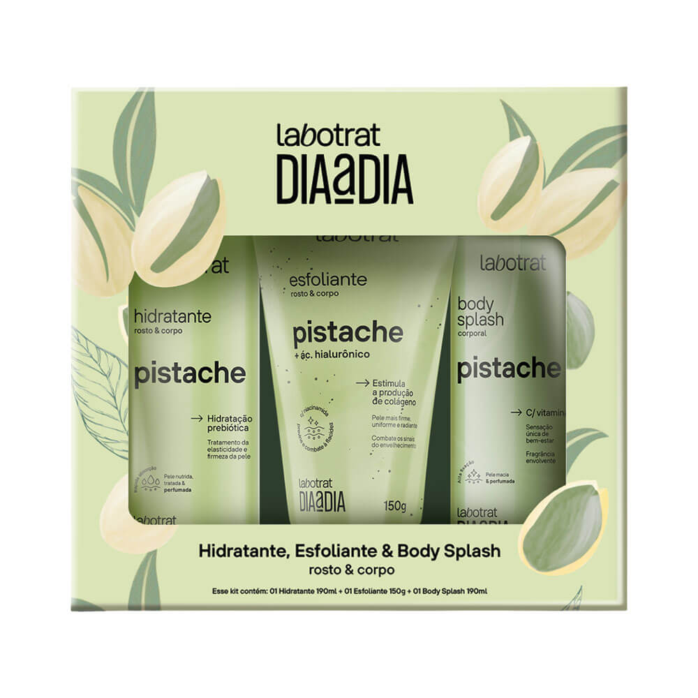Kit de cuidados para a pele com três produtos: hidratante, esfoliante e body splash, todos com aroma de pistache
