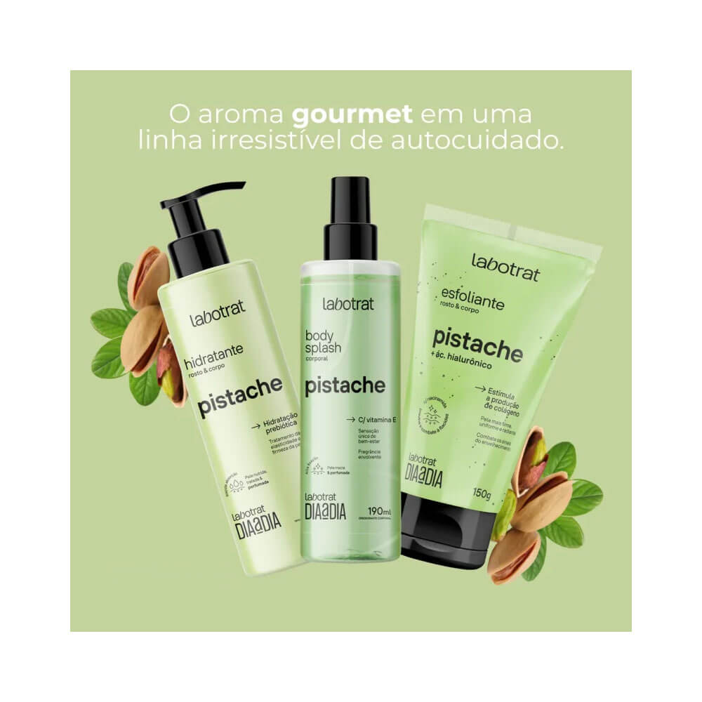 Três produtos de cuidados para a pele da marca Labotrat, incluindo hidratante, esfoliante e body splash, todos com aroma de pistache