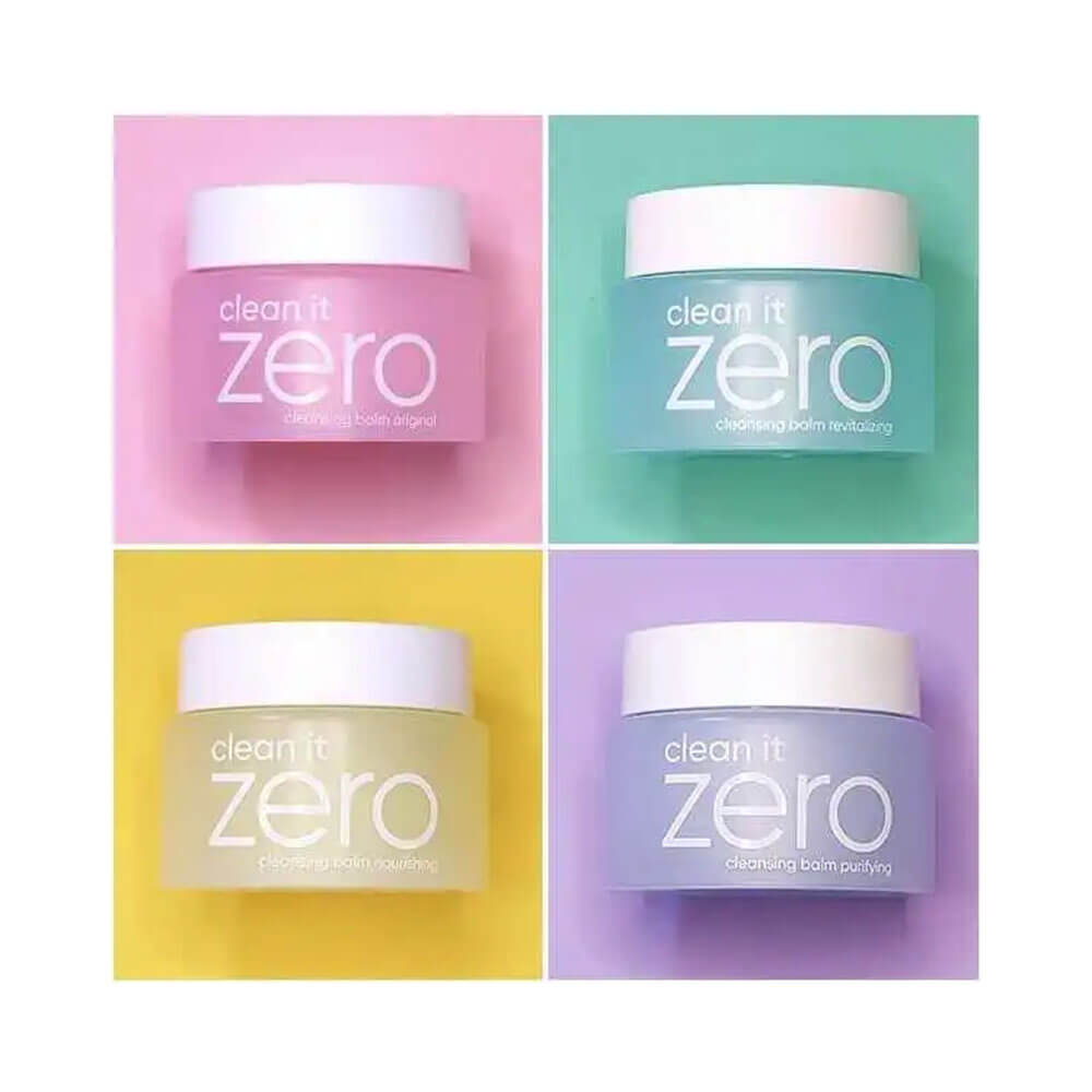 Quatro potes do Kit Banila Co Cleansing Balm Clean it Zero dispostos em grade 2x2 sobre fundos coloridos distintos.