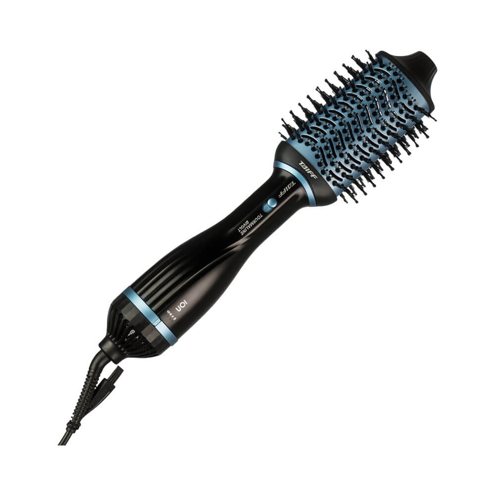 Escova secadora preta com detalhes em azul claro, formato cilíndrico com cerdas ao redor da cabeça da escova em ângulo lateral