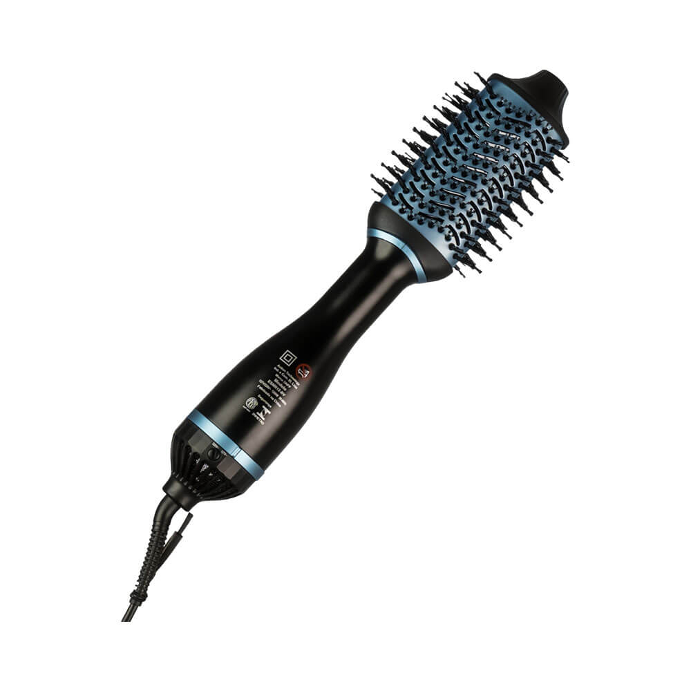 Escova secadora preta com detalhes em azul claro, vista traseira com cabo ergonômico