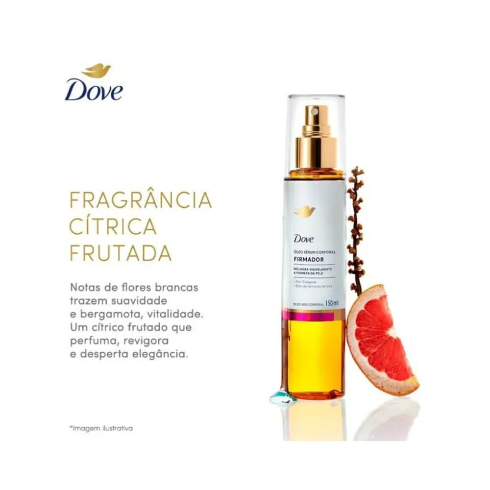 Óleo Sérum Corporal Dove Firmador 150ml com destaque para fragrância cítrica e notas de flores brancas