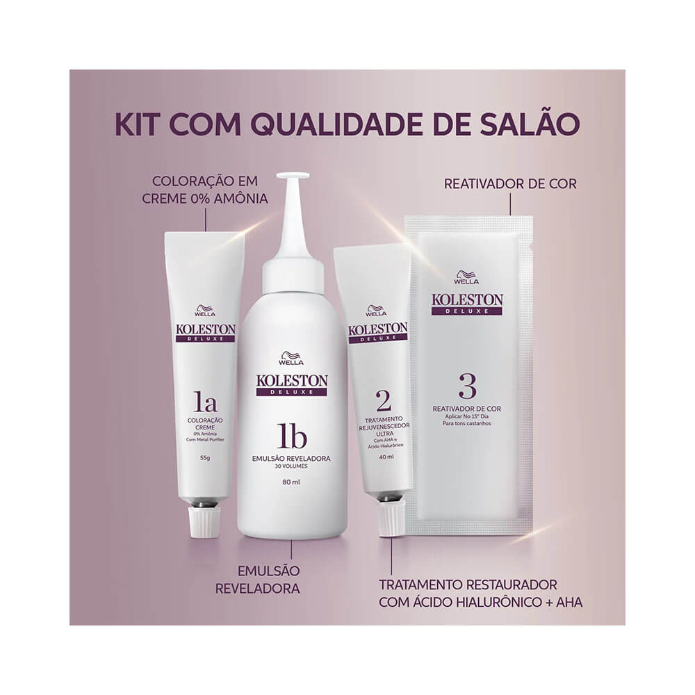 Kit completo da Coloração Koleston Deluxe com coloração, emulsão reveladora, tratamento reparador e reativador de cor