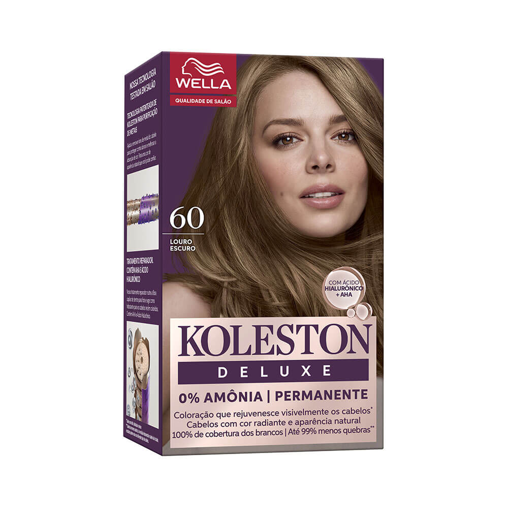 Embalagem da Coloração Koleston Deluxe 60 Louro Escuro da Wella com destaque para 0% amônia e cobertura total de cabelos brancos