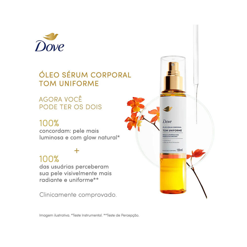 Óleo Sérum Corporal Dove Tom Uniforme 150ml ao lado de flores laranjas em frasco de vidro