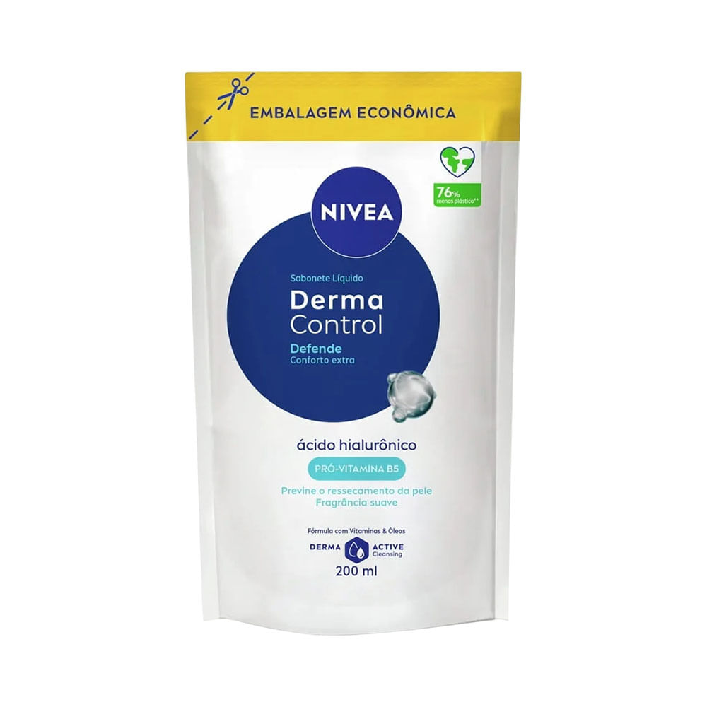 Refil do Sabonete Líquido Nivea Derma Control 200ml com embalagem branca e detalhes em amarelo e azul