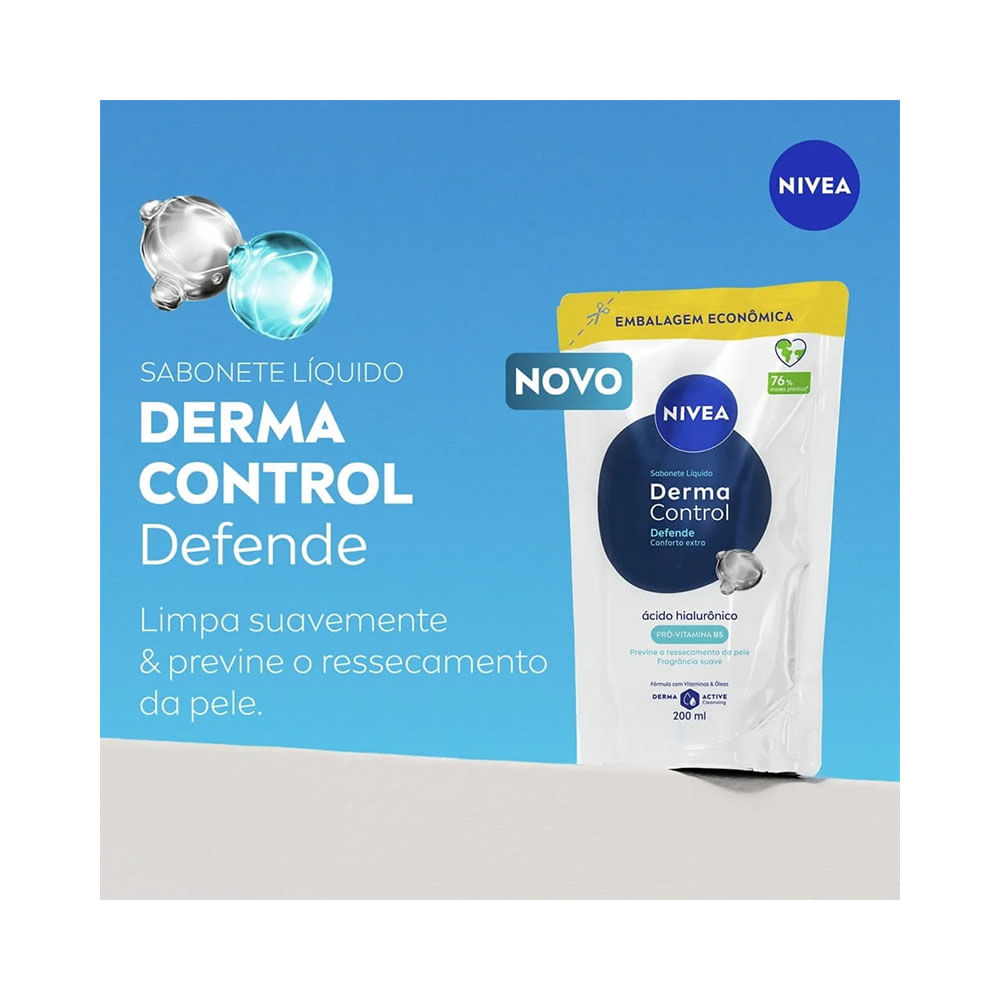 Sabonete Líquido Nivea Derma Control Refil 200ml com destaque para ácido hialurônico e pró-vitamina B5