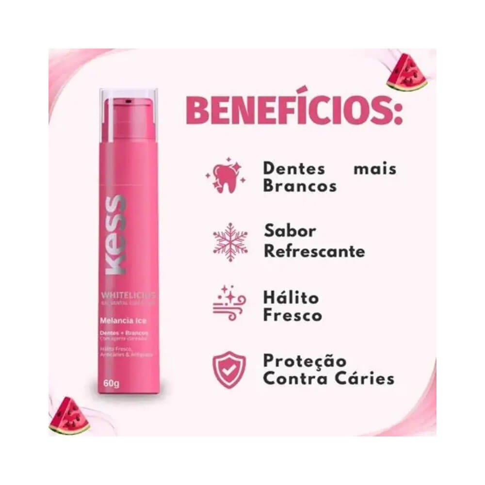 Imagem promocional com benefícios do Gel Dental Kess Whitelicious Melancia Ice 60g