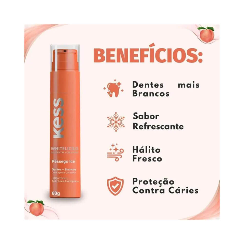 Gel Dental Kess Whitelicious Pêssego Ice 60g com destaque para benefícios e sabor