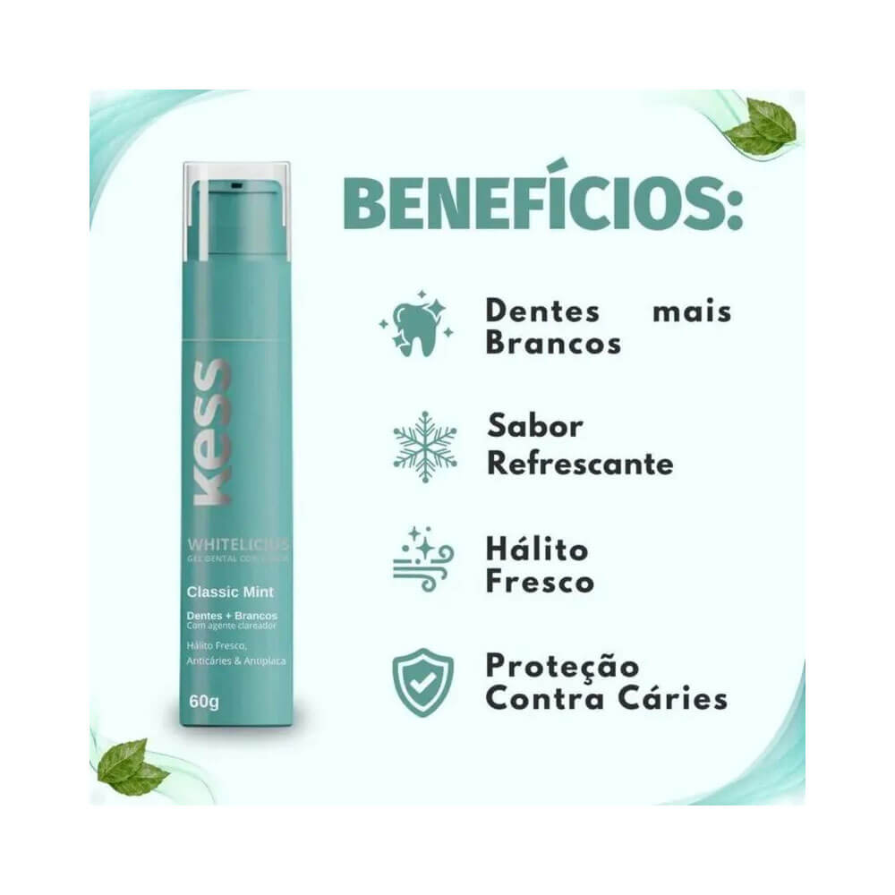 Gel Dental Kess Whitelicious Classic Mint 60g com lista de benefícios ao lado