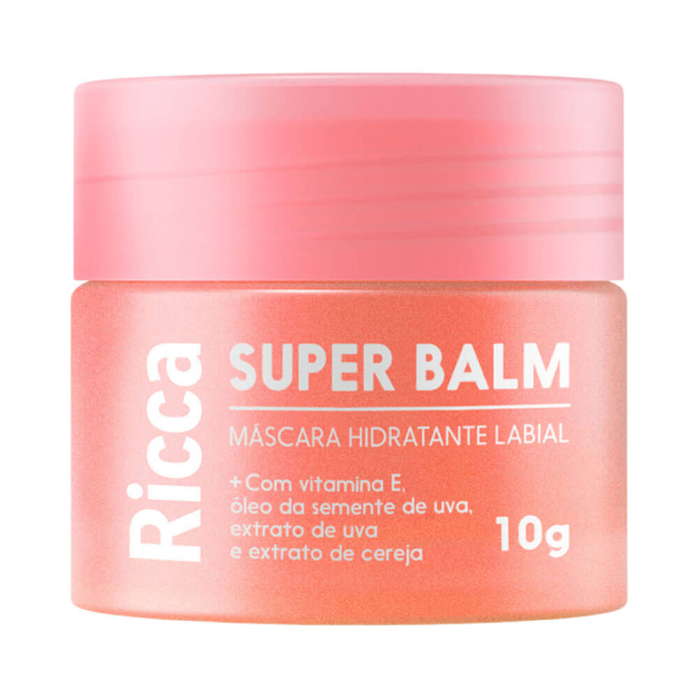 Pote rosa claro da Máscara Hidratante Labial Ricca Super Balm 10g com destaque para ingredientes naturais